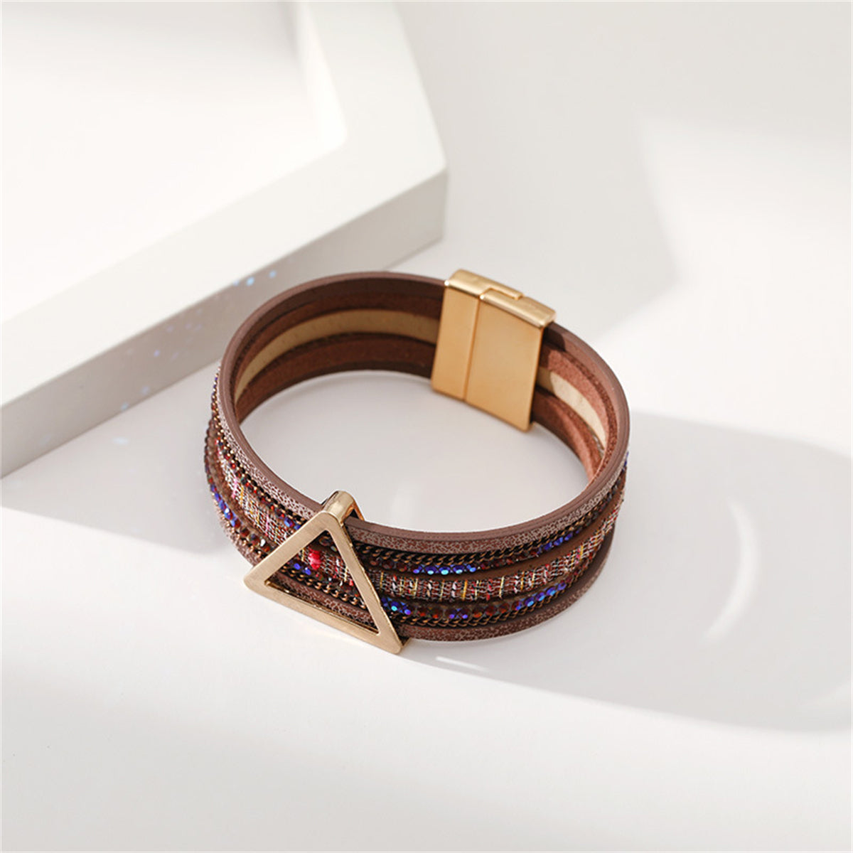 Brown Polystyrene and Cubic Zirconia Triangle Layered Bracelet, bracelet for women, dainty minimalist design, lifestyle look