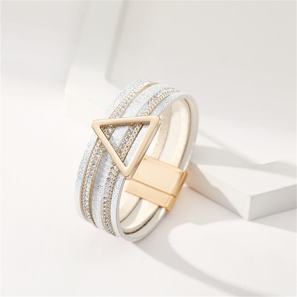 White Polystyrene and Cubic Zirconia Triangle Layered Bracelet, bracelet for women, everyday style, detail close-up