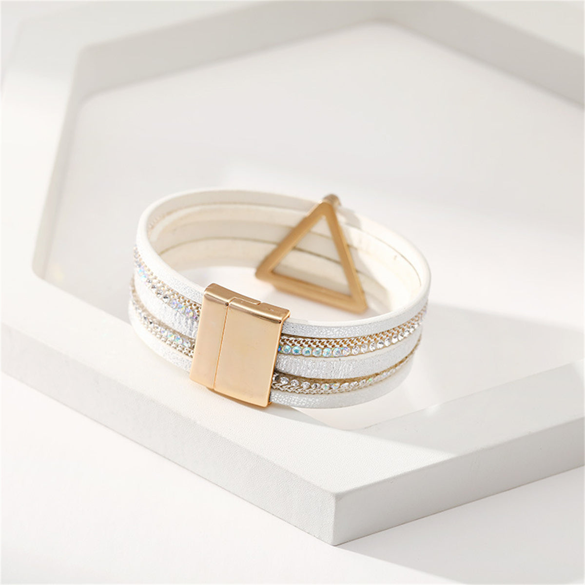 White Polystyrene & Cubic Zirconia Triangle Layered Bracelet