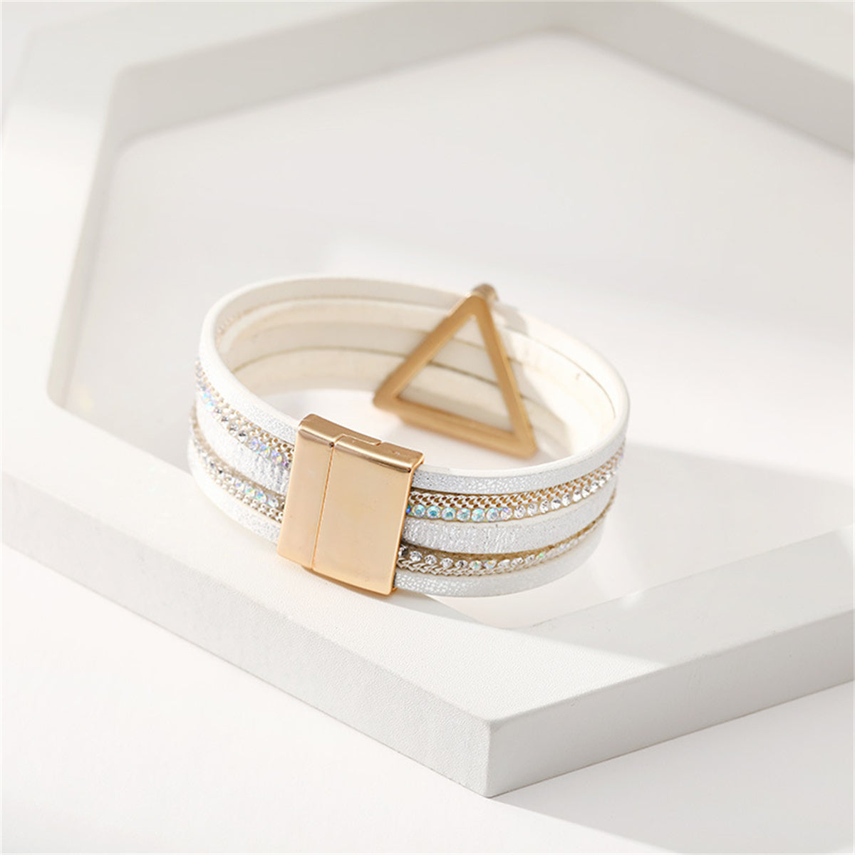 White Polystyrene and Cubic Zirconia Triangle Layered Bracelet, bracelet for women, everyday style, styled look