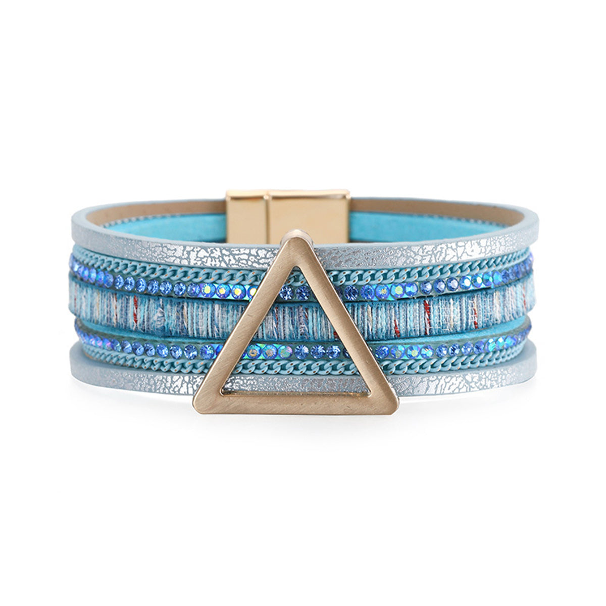 Blue Polystyrene and Cubic Zirconia 18K Gold-Plated Triangle Multi-Strand Bracelet, gold bracelet for women, front view