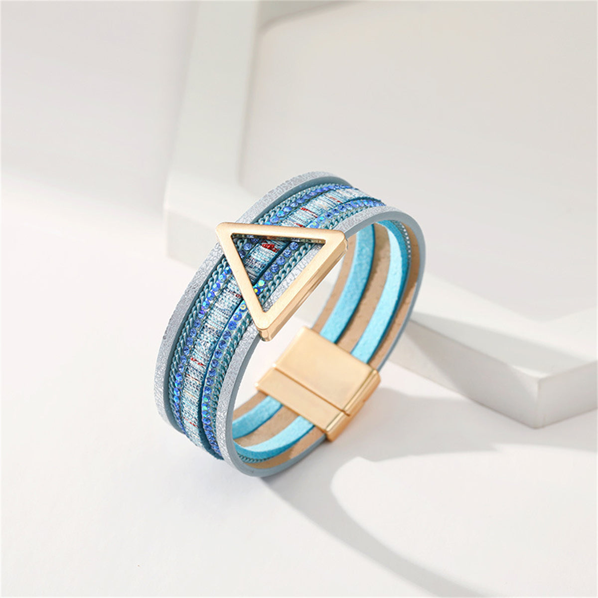 Blue Polystyrene and Cubic Zirconia 18K Gold-Plated Triangle Multi-Strand Bracelet, gold bracelet for women, lifestyle look