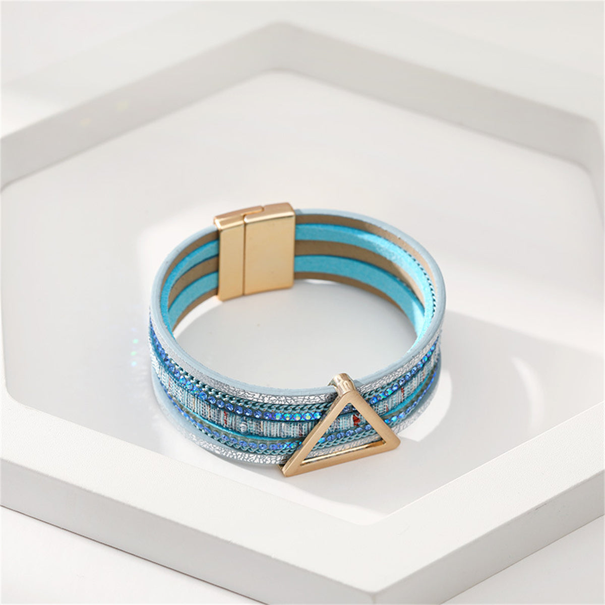 Blue Polystyrene and Cubic Zirconia 18K Gold-Plated Triangle Multi-Strand Bracelet, gold bracelet for women, styled look