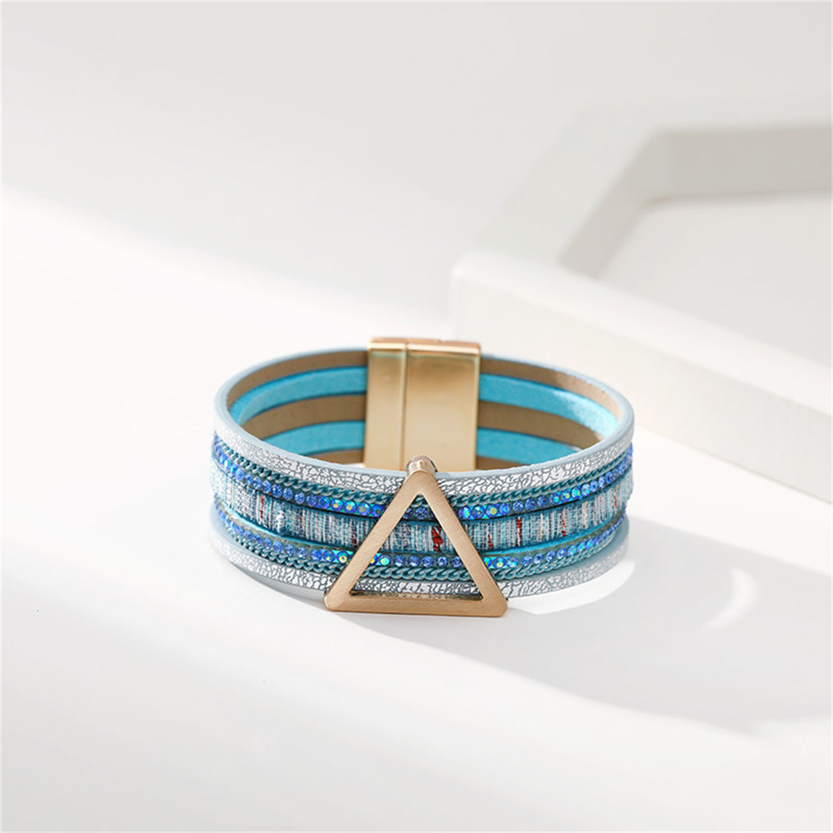 Blue Polystyrene and Cubic Zirconia 18K Gold-Plated Triangle Multi-Strand Bracelet, gold bracelet for women, side view