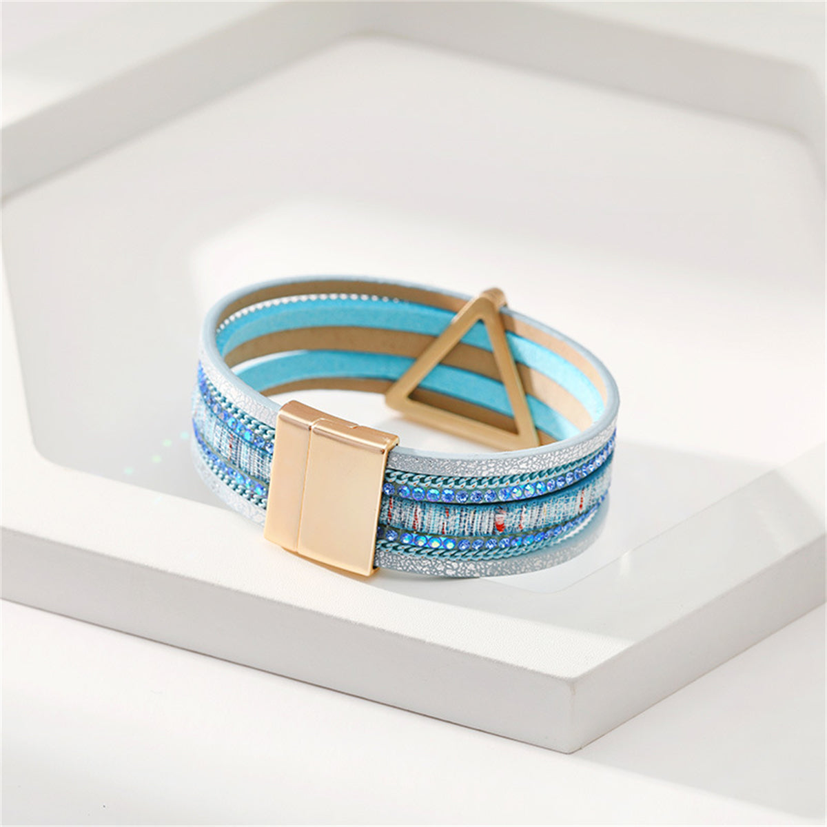 Blue Polystyrene & Cubic Zirconia 18K Gold-Plated Triangle Multi-Strand Bracelet