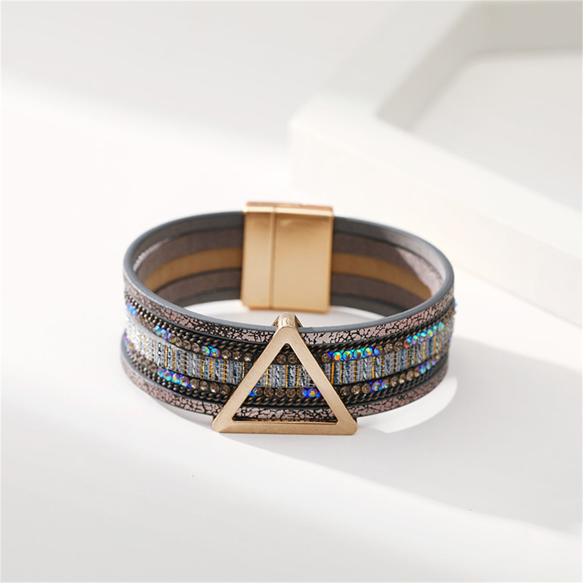 Teal Polystyrene and Cubic Zirconia Triangle Layered Bracelet, bracelet for women, dainty minimalist design, side view