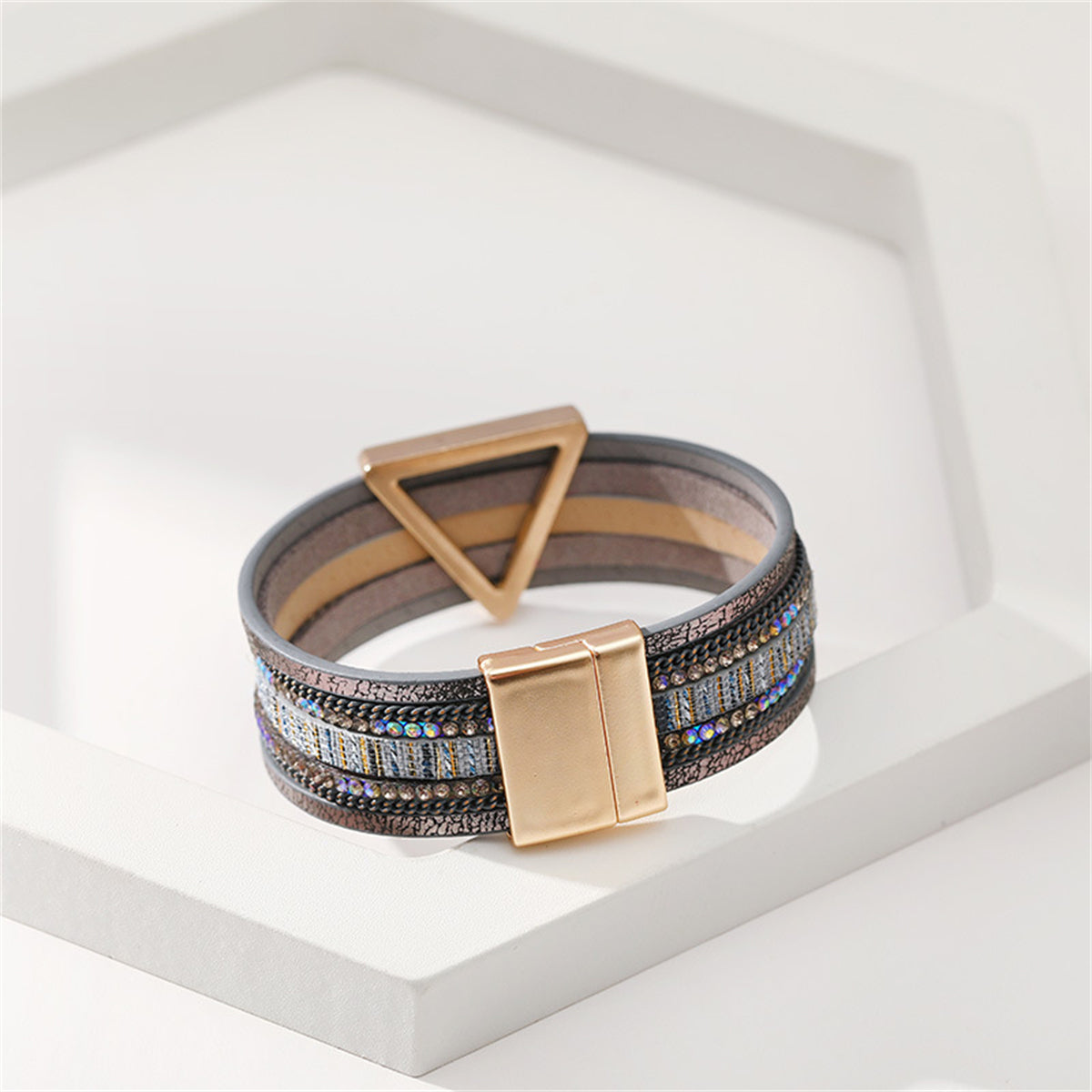 Teal Polystyrene and Cubic Zirconia Triangle Layered Bracelet, bracelet for women, dainty minimalist design, detail close-up