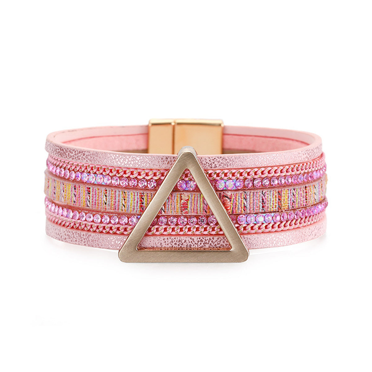 Pink Polystyrene and Cubic Zirconia Triangle Layered Bracelet, bracelet for women, dainty minimalist design, front view