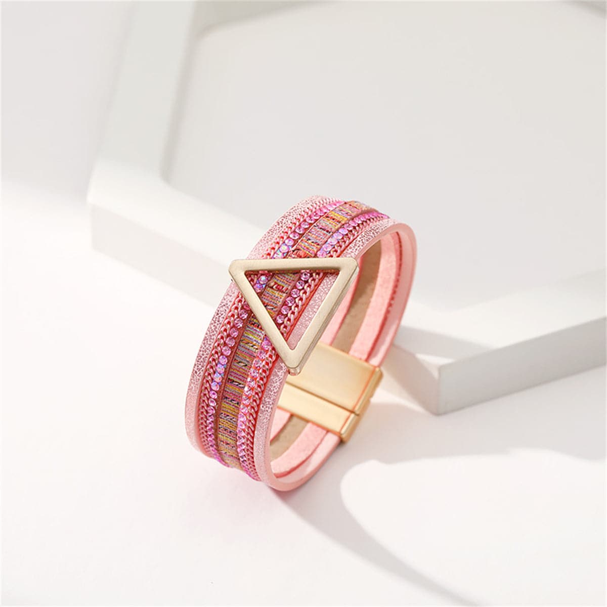 Pink Polystyrene and Cubic Zirconia Triangle Layered Bracelet, bracelet for women, dainty minimalist design, side view