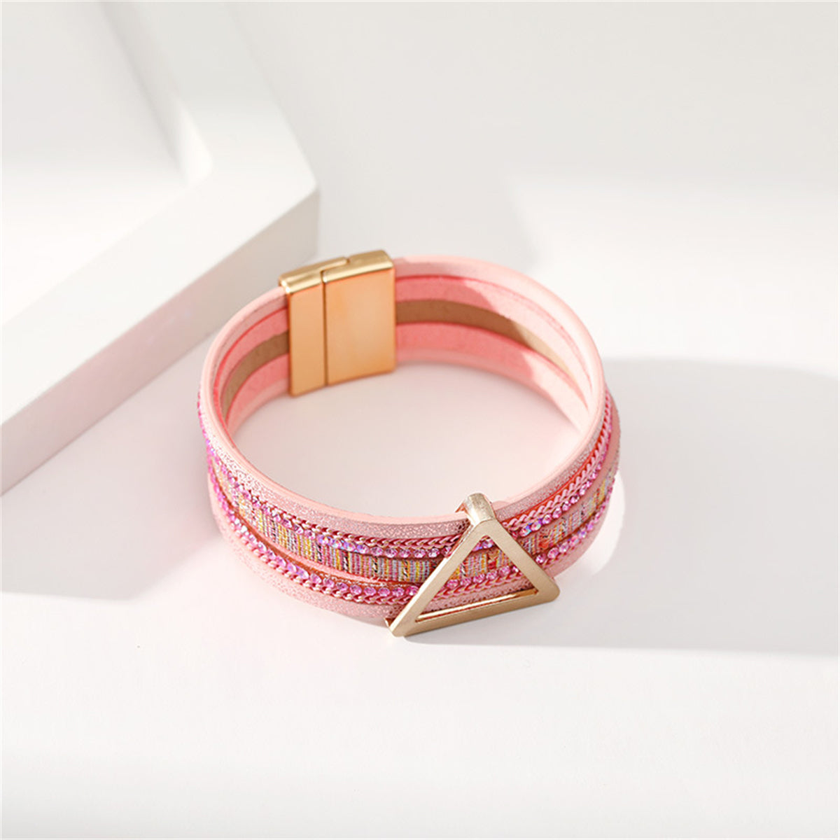 Pink Polystyrene and Cubic Zirconia Triangle Layered Bracelet, bracelet for women, dainty minimalist design, lifestyle look