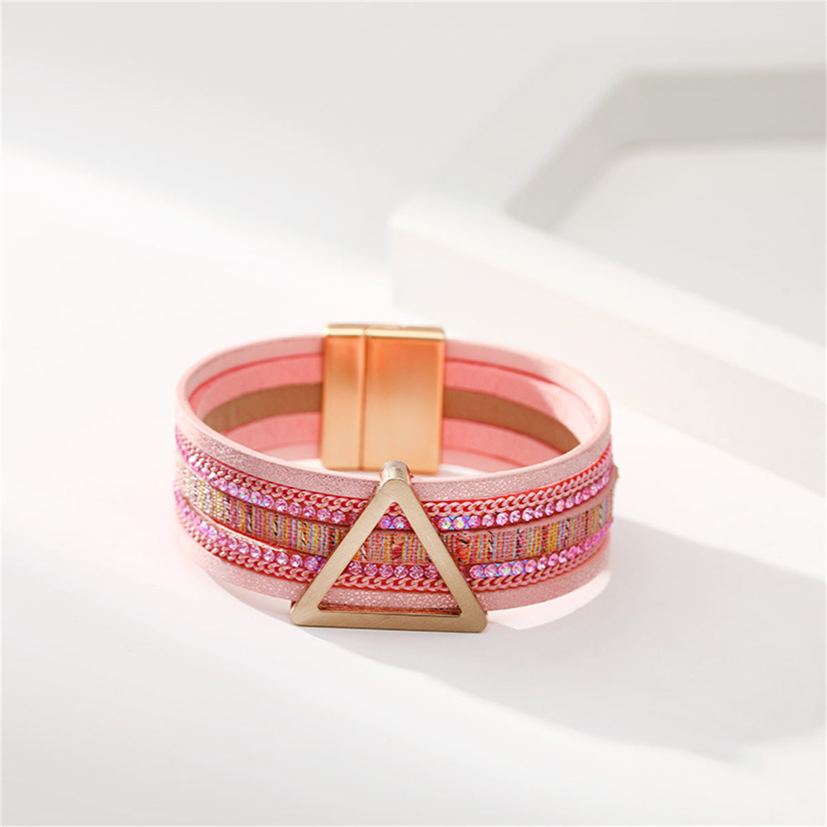 Pink Polystyrene and Cubic Zirconia Triangle Layered Bracelet, bracelet for women, dainty minimalist design, detail close-up