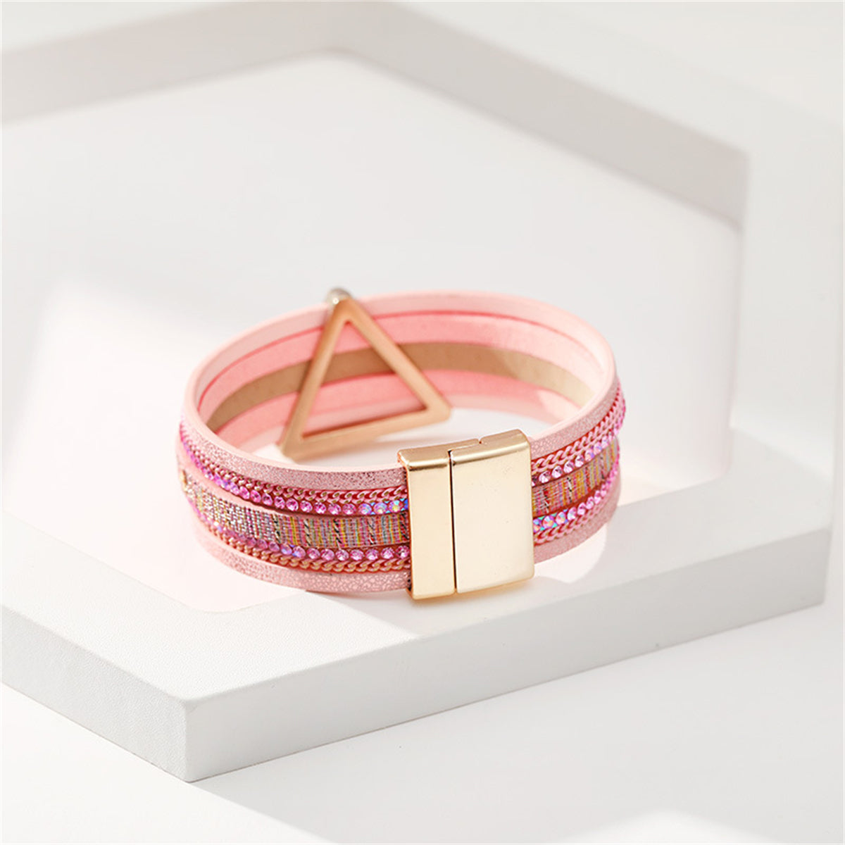 Pink Polystyrene and Cubic Zirconia Triangle Layered Bracelet, bracelet for women, dainty minimalist design, styled look