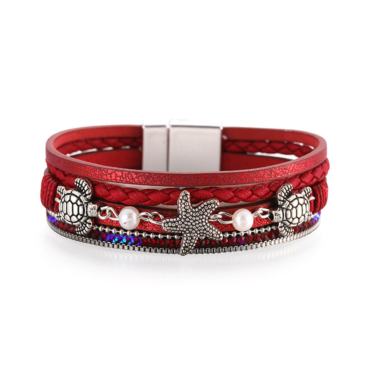 Red Polystyrene and Pearl Turtle Starfish Layered Bracelet, bracelet for women, vintage-inspired design, front view