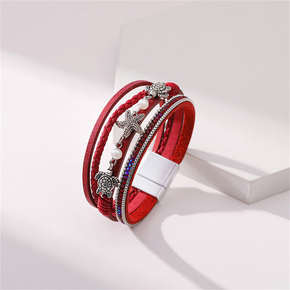 Red Polystyrene and Pearl Turtle Starfish Layered Bracelet, bracelet for women, vintage-inspired design, detail close-up