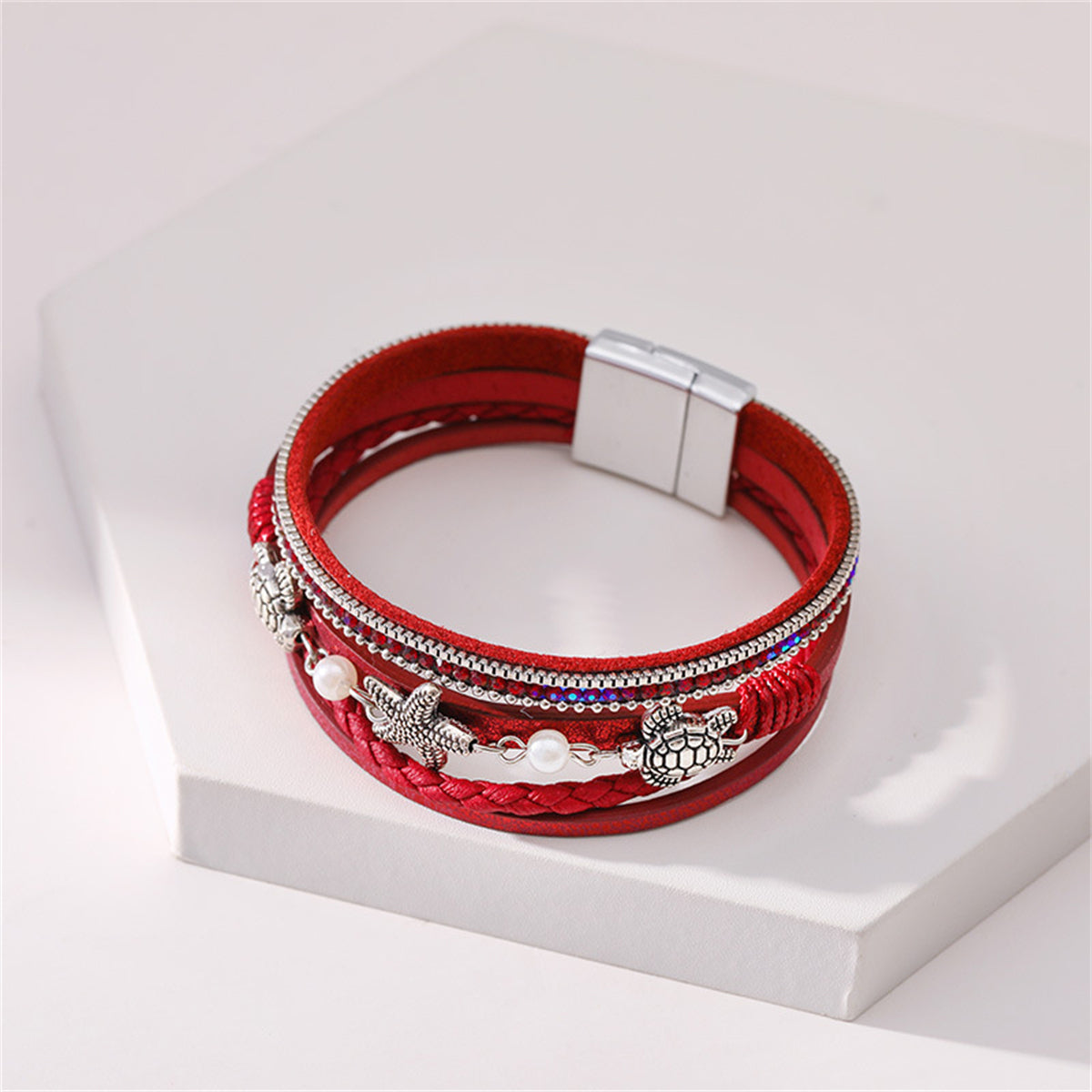 Red Polystyrene and Pearl Turtle Starfish Layered Bracelet, bracelet for women, vintage-inspired design, lifestyle look