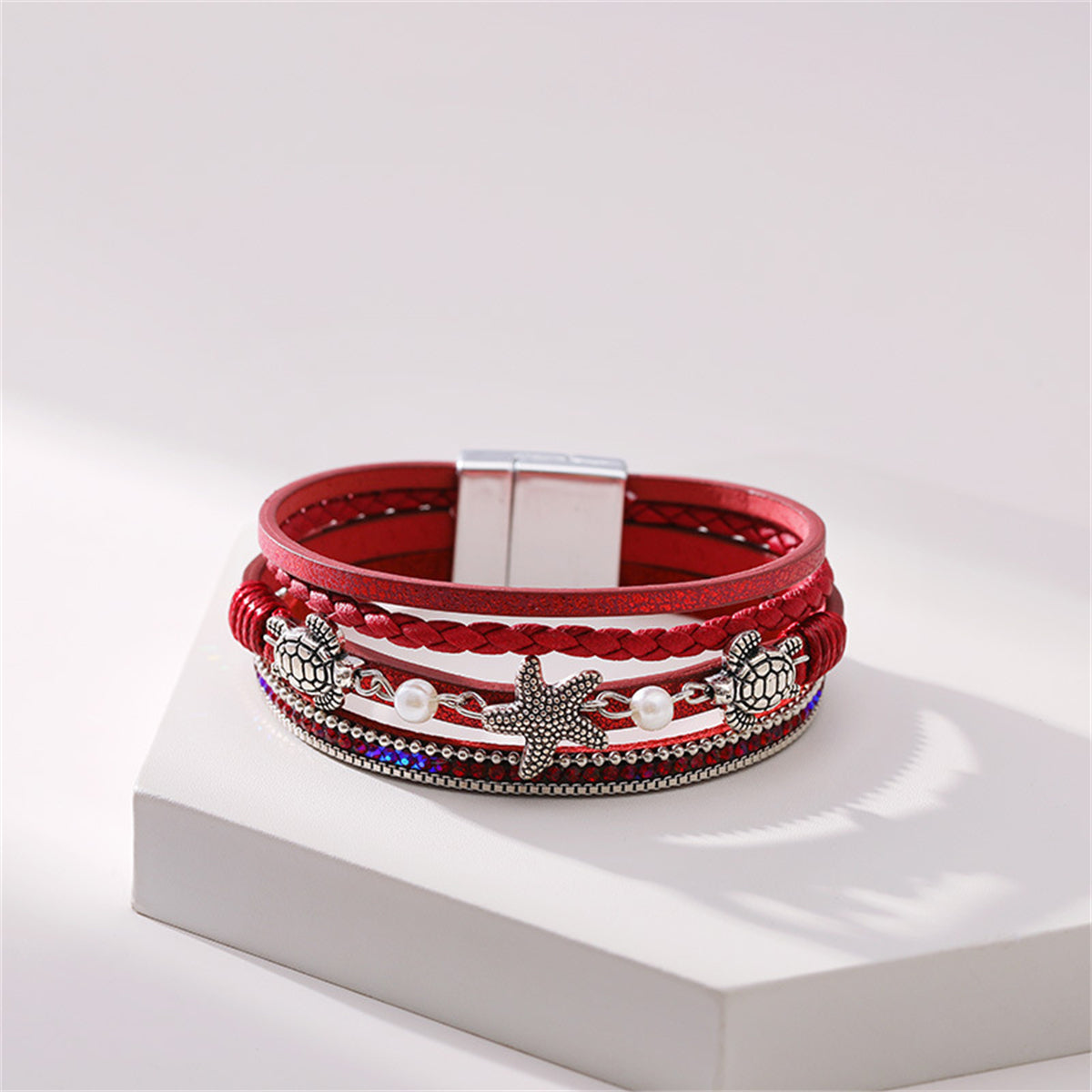 Red Polystyrene and Pearl Turtle Starfish Layered Bracelet, bracelet for women, vintage-inspired design, side view