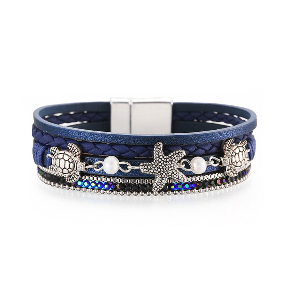 Navy Polystyrene and Pearl Turtle Starfish Layered Bracelet, bracelet for women, botanical inspired, front view