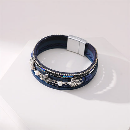 Navy Polystyrene and Pearl Turtle Starfish Layered Bracelet, bracelet for women, botanical inspired, styled look