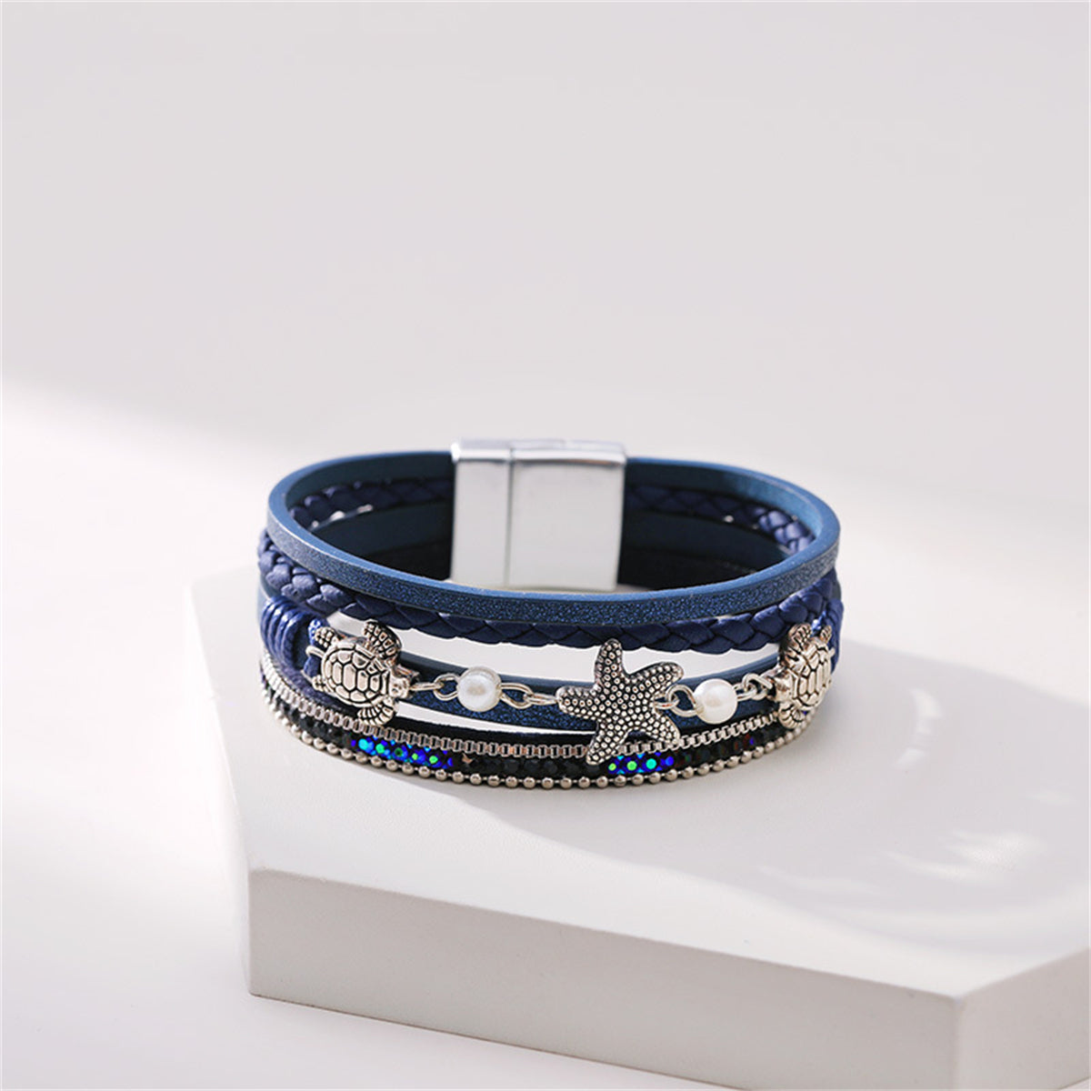 Navy Polystyrene and Pearl Turtle Starfish Layered Bracelet, bracelet for women, botanical inspired, side view