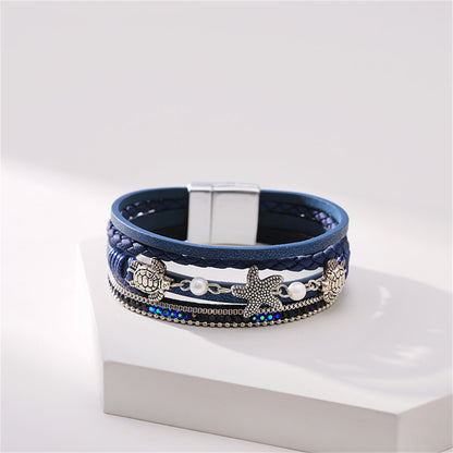 Navy Polystyrene and Pearl Turtle Starfish Layered Bracelet, bracelet for women, botanical inspired, side view