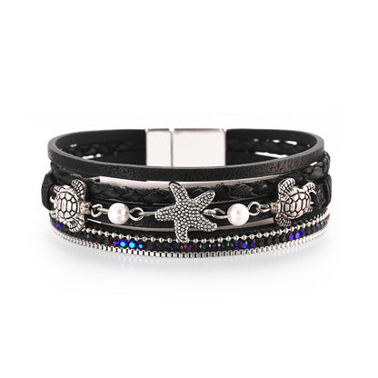 Black Polystyrene and Pearl Turtle Starfish Layered Bracelet, bracelet for women, botanical inspired, front view