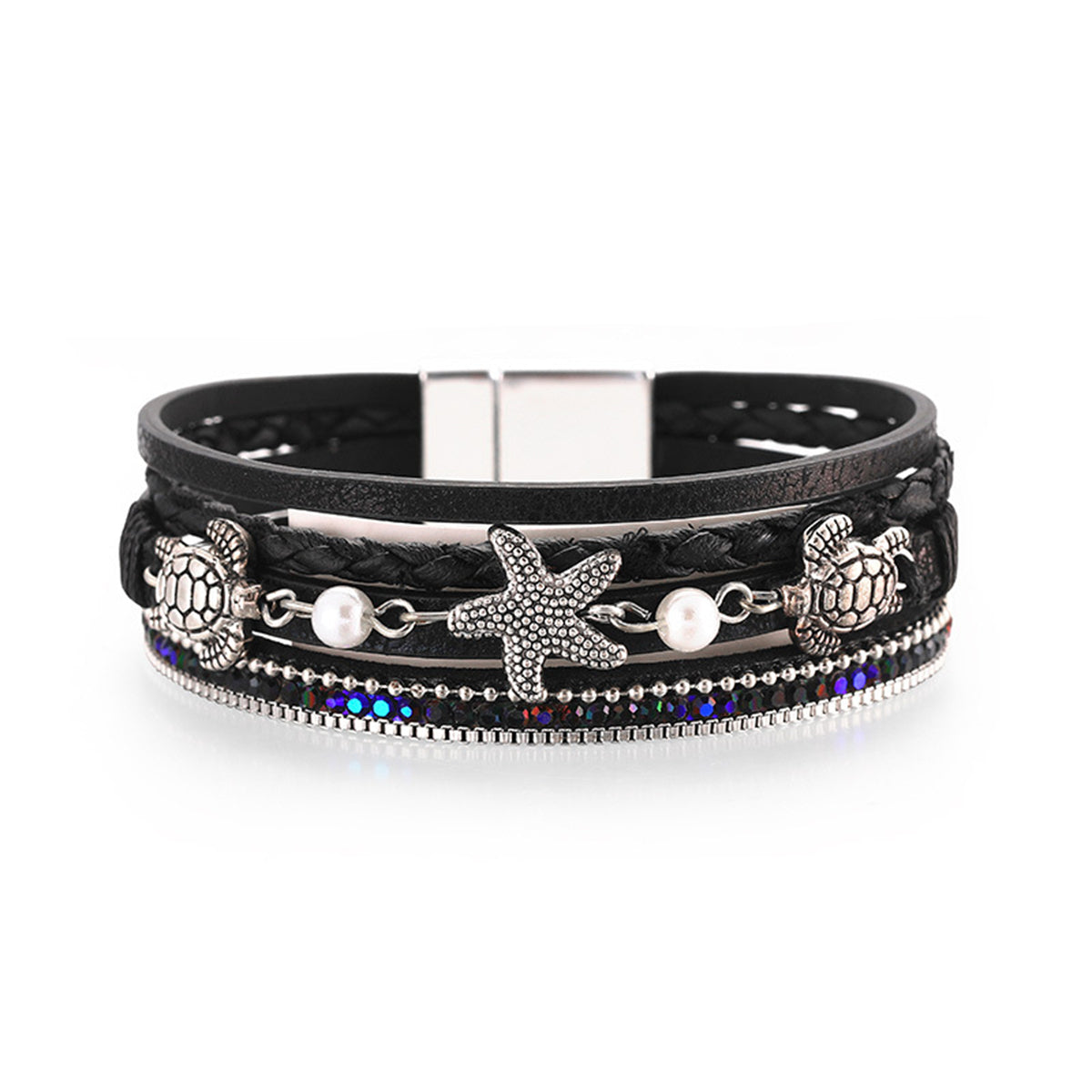 Black Polystyrene & Pearl Turtle Starfish Layered Bracelet