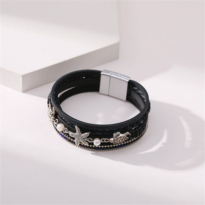 Black Polystyrene and Pearl Turtle Starfish Layered Bracelet, bracelet for women, botanical inspired, styled look
