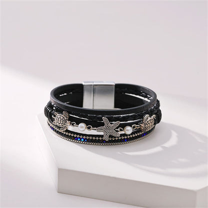 Black Polystyrene and Pearl Turtle Starfish Layered Bracelet, bracelet for women, botanical inspired, side view