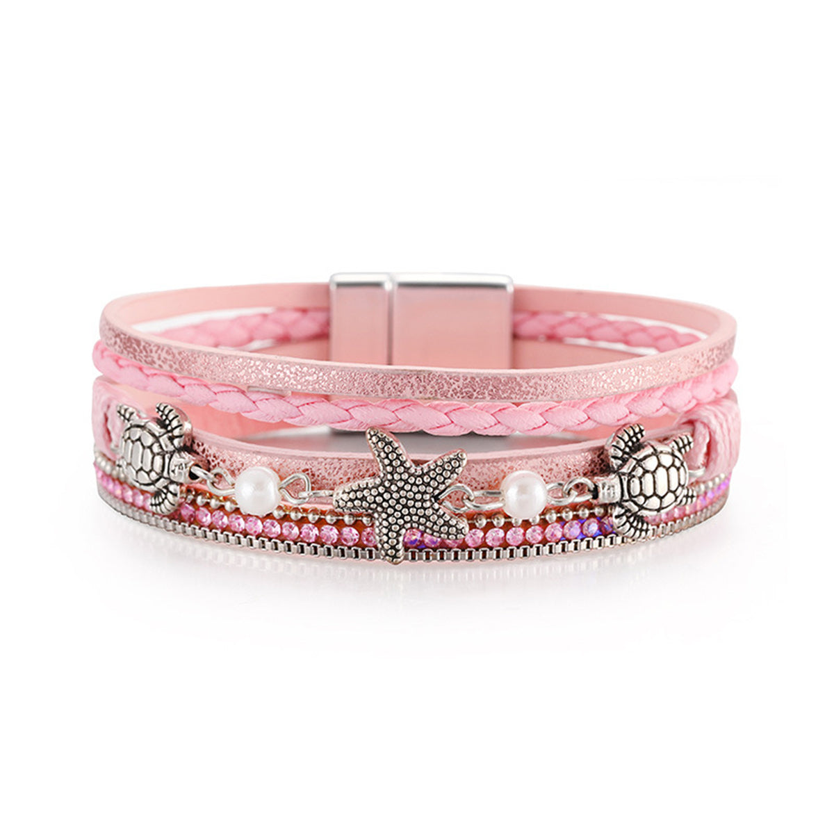 Pink Polystyrene and Pearl Turtle Starfish Layered Bracelet, bracelet for women, elegant gift for her, front view