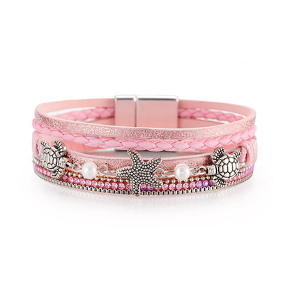 Pink Polystyrene and Pearl Turtle Starfish Layered Bracelet, bracelet for women, elegant gift for her, front view