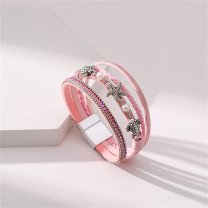 Pink Polystyrene and Pearl Turtle Starfish Layered Bracelet, bracelet for women, elegant gift for her, detail close-up