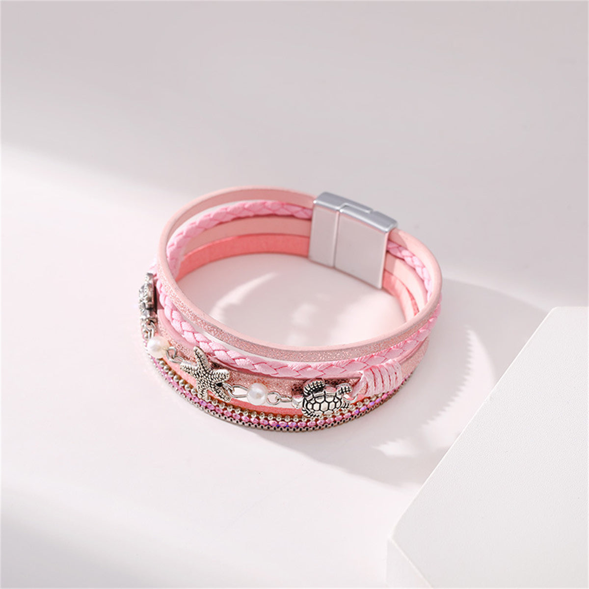 Pink Polystyrene and Pearl Turtle Starfish Layered Bracelet, bracelet for women, elegant gift for her, lifestyle look