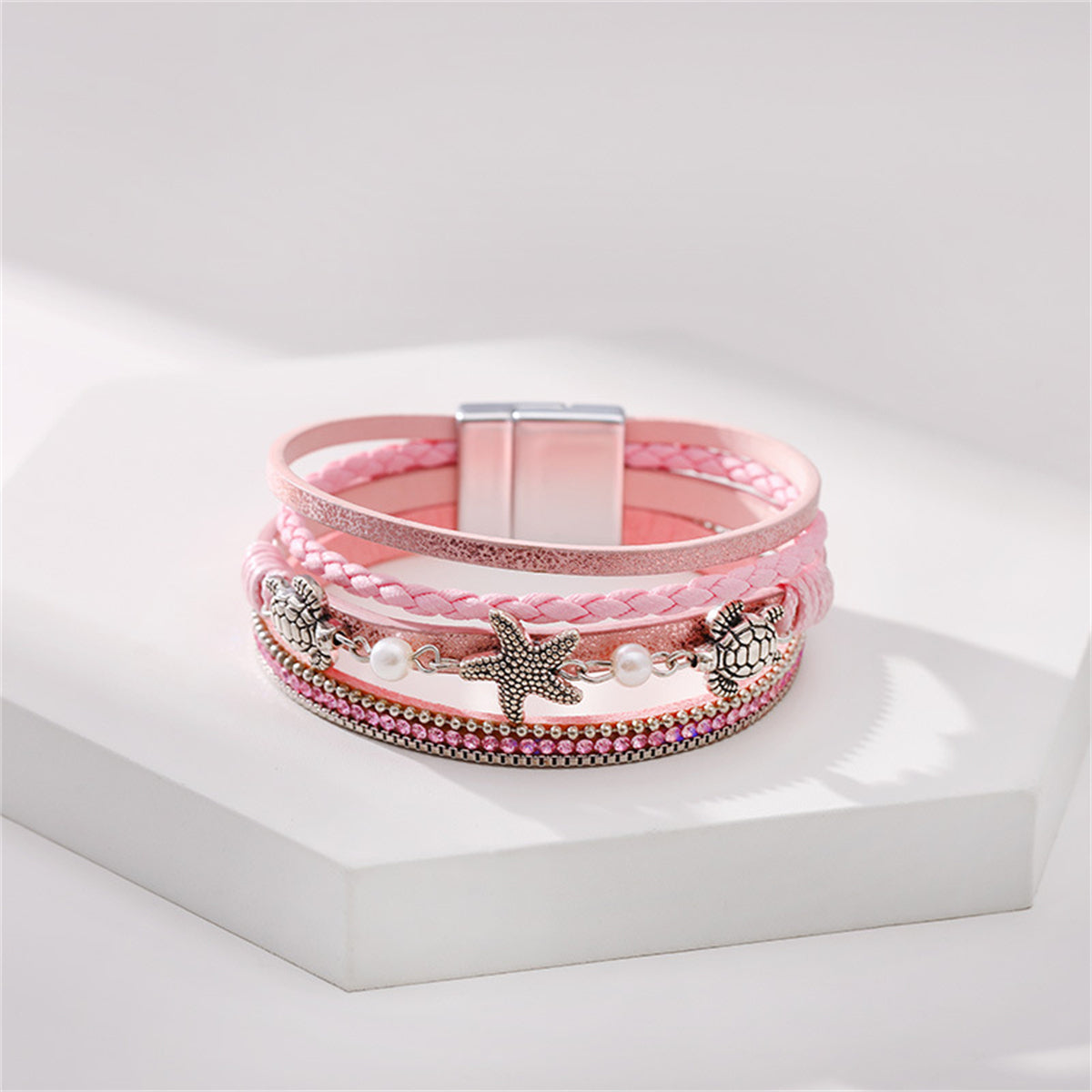 Pink Polystyrene and Pearl Turtle Starfish Layered Bracelet, bracelet for women, elegant gift for her, side view