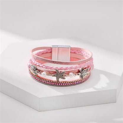 Pink Polystyrene and Pearl Turtle Starfish Layered Bracelet, bracelet for women, elegant gift for her, side view