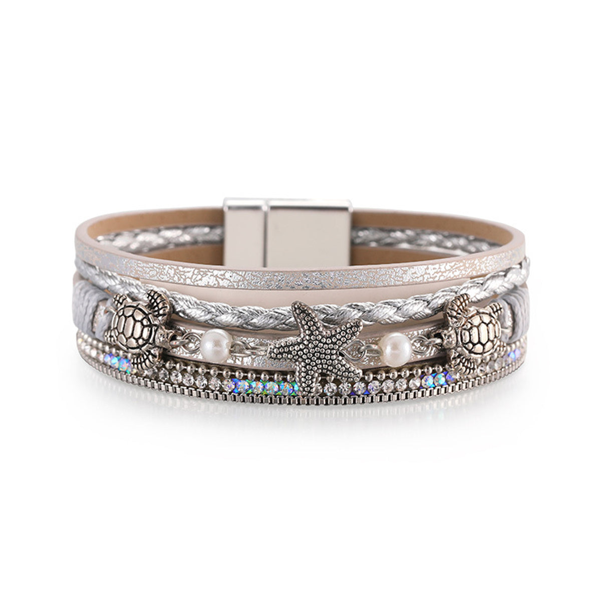 Polystyrene and Pearl Silver-Plated Turtle Starfish Layered Bracelet, silver bracelet for women, front view