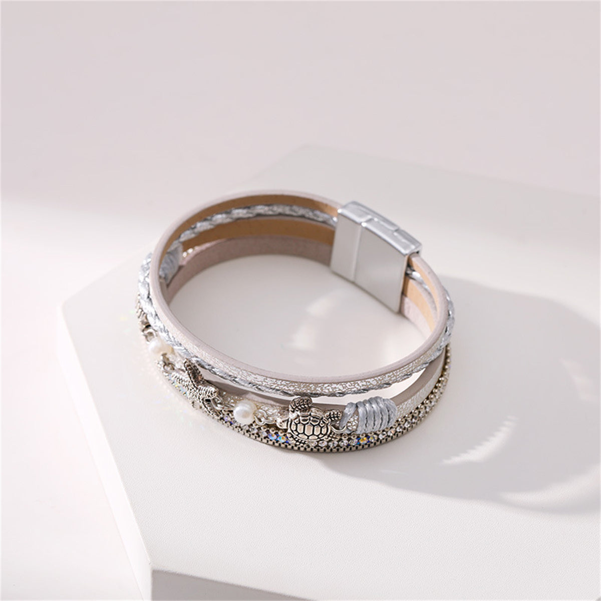 Polystyrene and Pearl Silver-Plated Turtle Starfish Layered Bracelet, silver bracelet for women, styled look