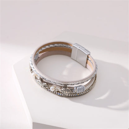 Polystyrene and Pearl Silver-Plated Turtle Starfish Layered Bracelet, silver bracelet for women, styled look
