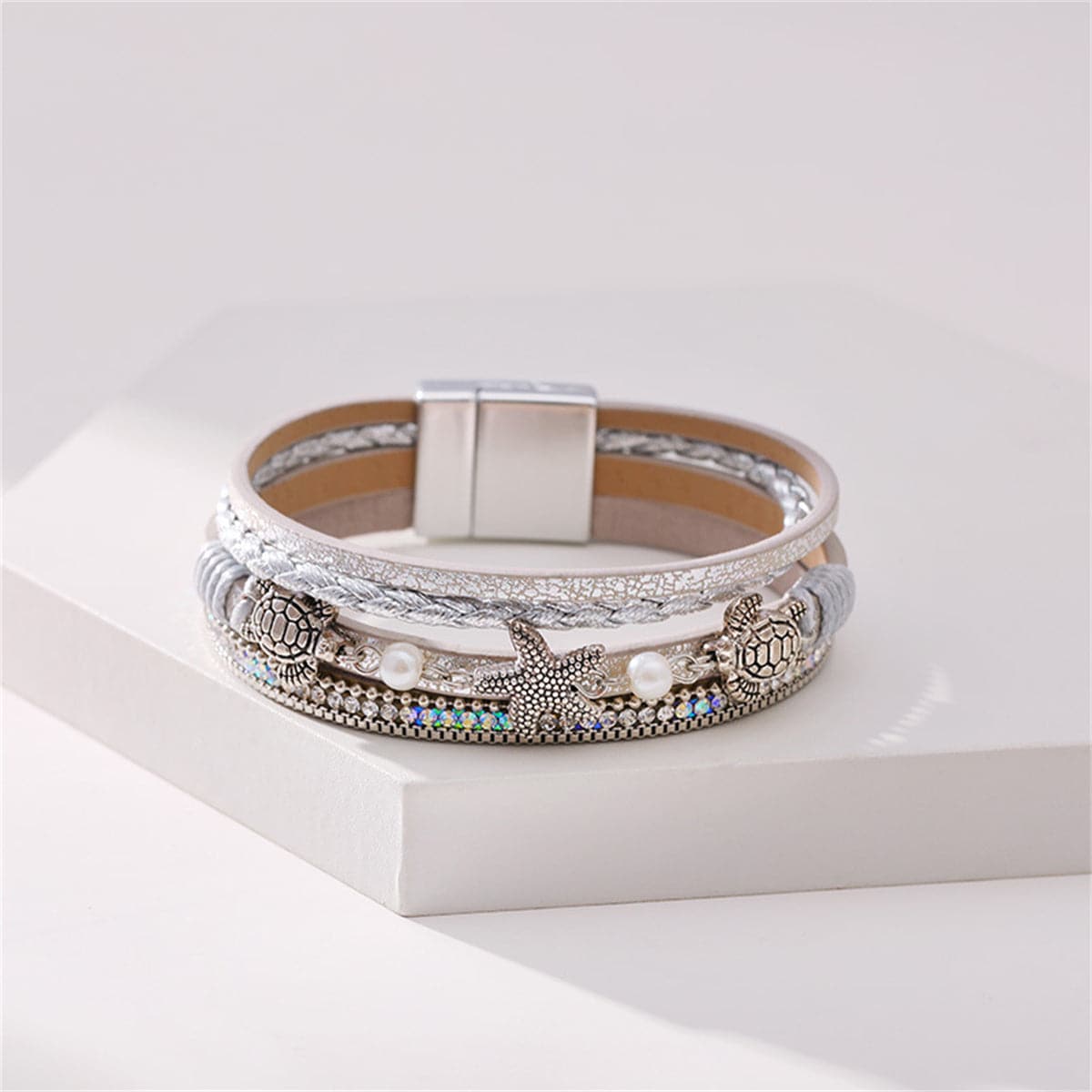 Polystyrene and Pearl Silver-Plated Turtle Starfish Layered Bracelet, silver bracelet for women, side view