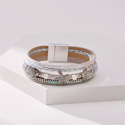 Polystyrene and Pearl Silver-Plated Turtle Starfish Layered Bracelet, silver bracelet for women, side view