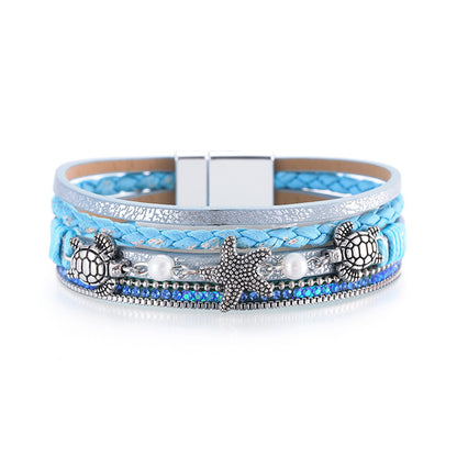 Blue Polystyrene and Pearl Turtle Starfish Layered Bracelet, bracelet for women, dainty minimalist design, front view