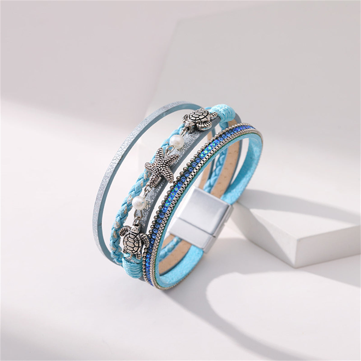 Blue Polystyrene and Pearl Turtle Starfish Layered Bracelet, bracelet for women, dainty minimalist design, lifestyle look