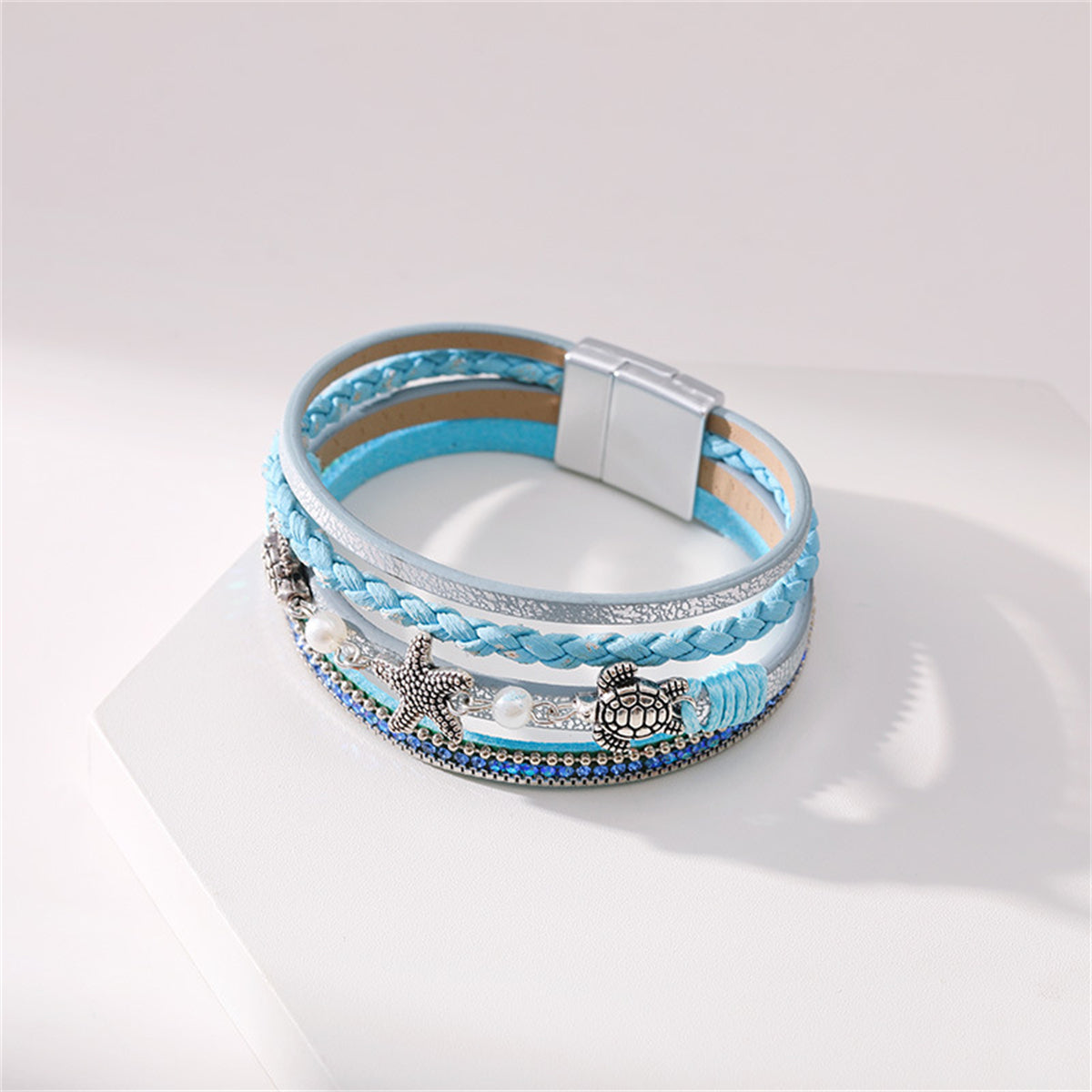 Blue Polystyrene and Pearl Turtle Starfish Layered Bracelet, bracelet for women, dainty minimalist design, styled look