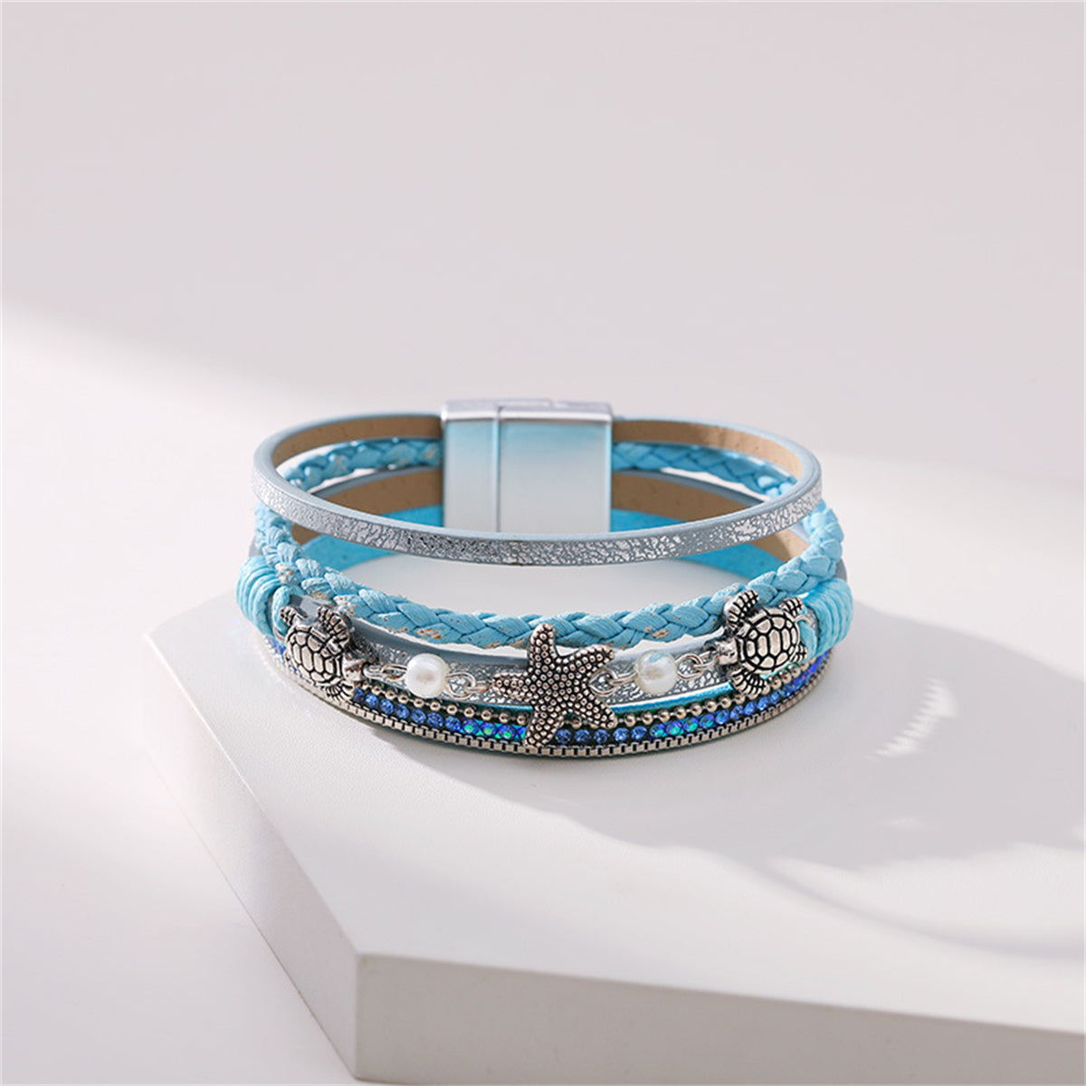 Blue Polystyrene and Pearl Turtle Starfish Layered Bracelet, bracelet for women, dainty minimalist design, side view