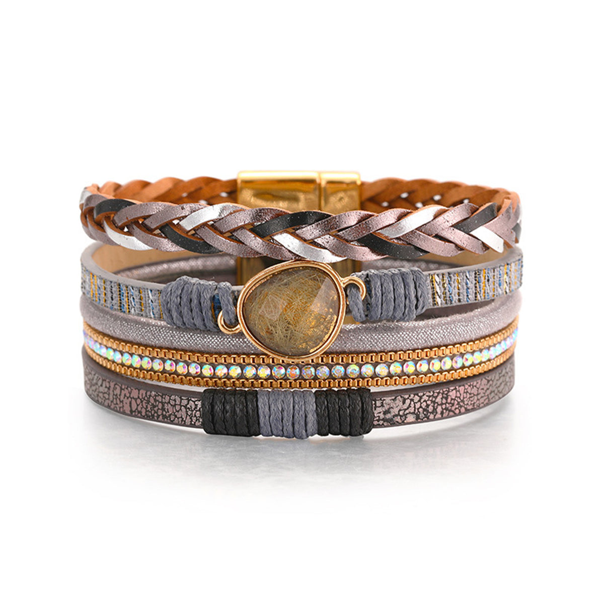 Brown Quartz & Gray Polystyrene 18K Gold-Plated Cubic Zirconia-Accent Stacked Bracelet