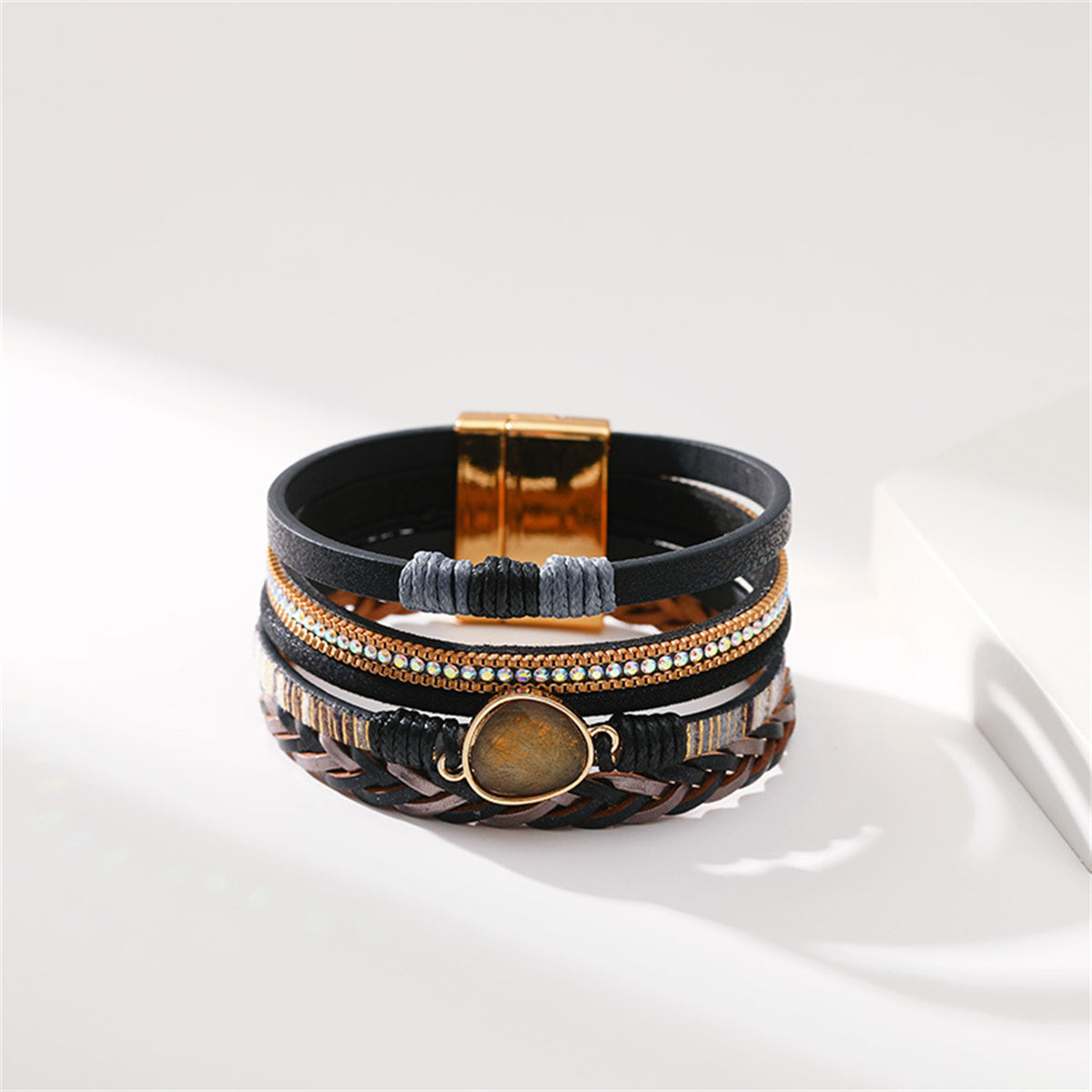 Brown Quartz & Black Polystyrene 18K Gold-Plated Cubic Zirconia-Accent Stacked Bracelet