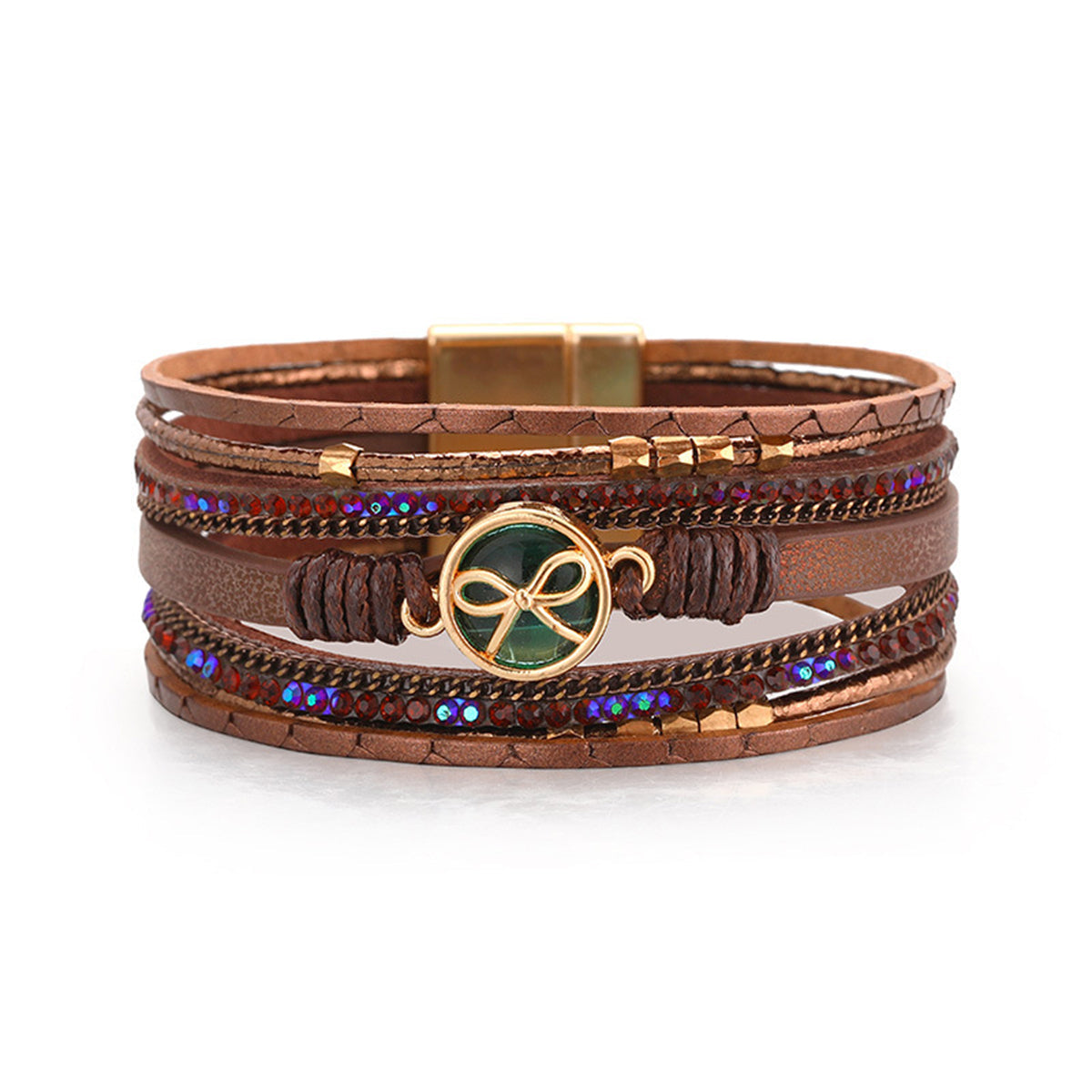 Brown Polystyrene and Cubic Zirconia 18K Gold-Plated Embellished Layered Bracelet, gold bracelet for women, front view