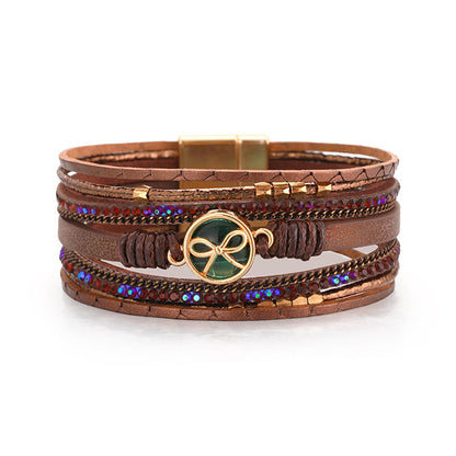 Brown Polystyrene and Cubic Zirconia 18K Gold-Plated Embellished Layered Bracelet, gold bracelet for women, front view