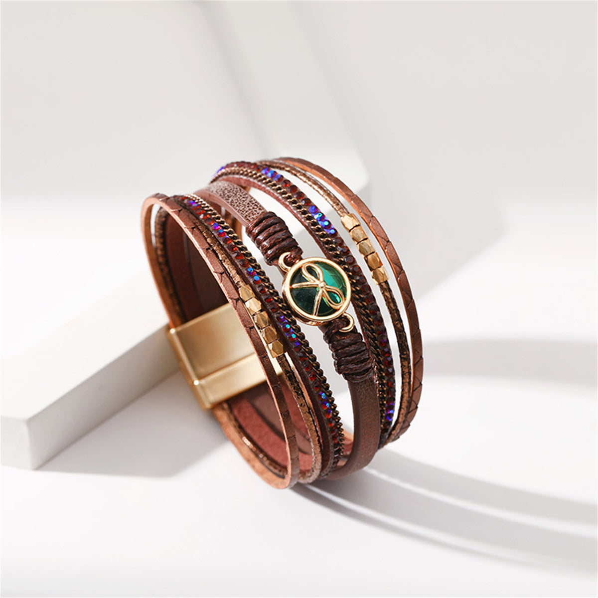 Brown Polystyrene and Cubic Zirconia 18K Gold-Plated Embellished Layered Bracelet, gold bracelet for women, detail close-up