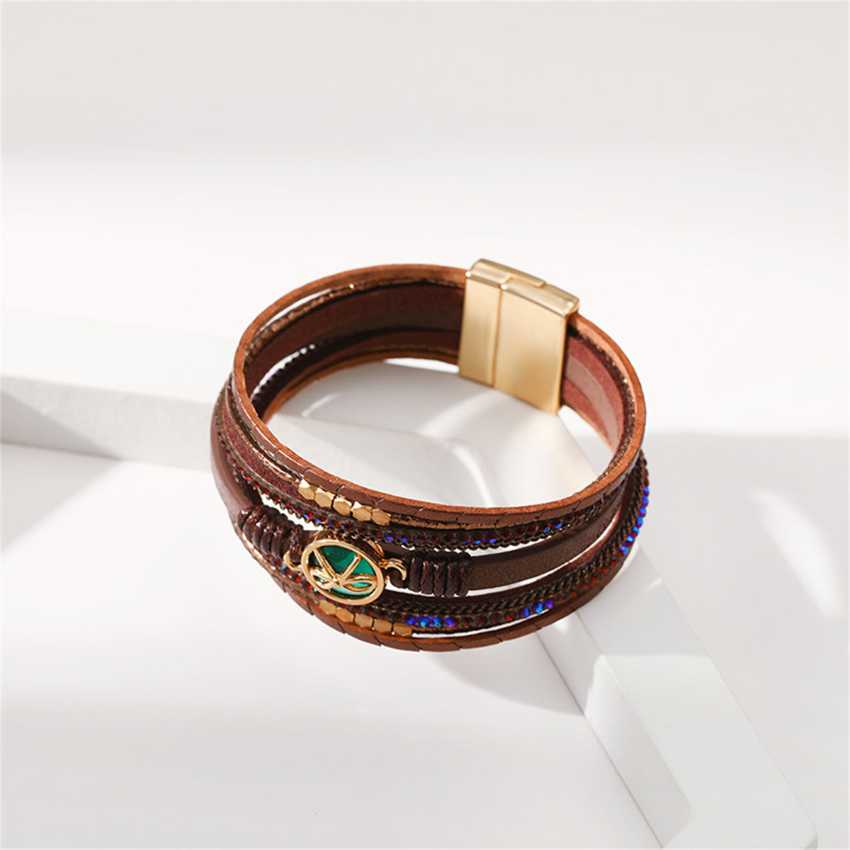 Brown Polystyrene and Cubic Zirconia 18K Gold-Plated Embellished Layered Bracelet, gold bracelet for women, lifestyle look