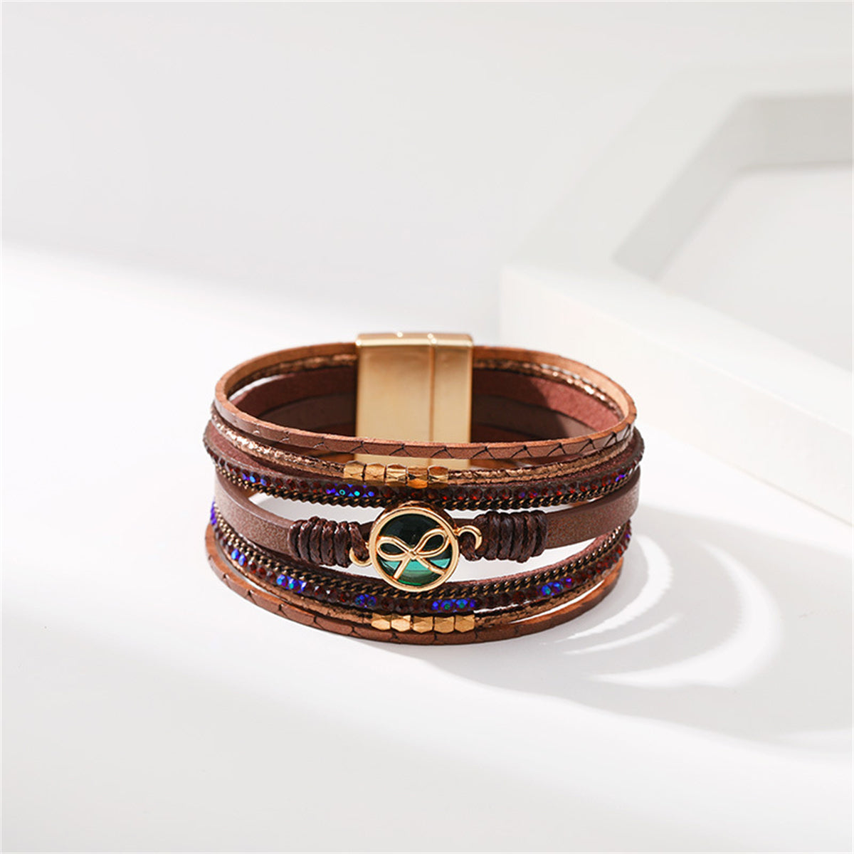 Brown Polystyrene and Cubic Zirconia 18K Gold-Plated Embellished Layered Bracelet, gold bracelet for women, side view
